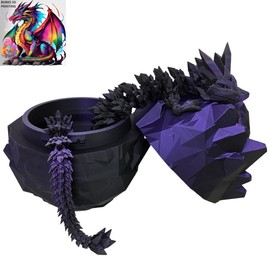 XXL Transition Crystal Dragon with Matching Eggs, Almost 30 Inches, 3D Printed Desk Fidget, Fully Articulated Dragon, Sensory Gift Idea for Men or Women:_Purple & Black_Dragon with Egg