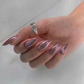 Mirror Metal Pink Press on Nails Almond Shaped Chrome Glazed Medium Almond Nails Press on Bling Shiny Plating Nails Acrylic Nails Reusable Fake Nails for Women Stiletto Glue on Nails Medium Length