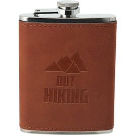 Pavilion Gift Company - Out Hiking - 8 oz Stainless Steel PU Leather Flask Outdoorsy Woodsy Hike Camping Mountain Men Women Hiker Unique Gift