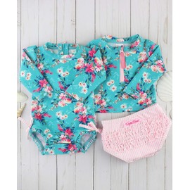 RuffleButts® Girls Fancy Me Floral Long Sleeve Rash Guard Bikini - 5