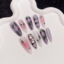 Wsliana Handmade Press On Nails - 3D Charm Y2K Design, Long Almond Shape, 10pcs Glue On Acrylic Fake Nails with Storage Box | Salon Quality | Trendy Nail Kit (074 S)