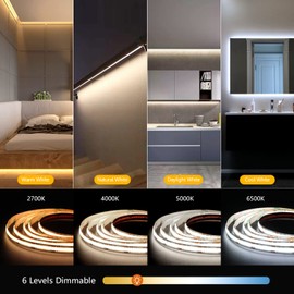 Ocona COB LED Strips 2700K-6500K,16.4ft Dimmable Ultra Bright Flexible White LED Strip Lights, 6000LM Tape Lights Kit, CRI 90+, DC 24V LED Lights for Bedroom, TV Backlight, Kitchen, DIY Lighting
