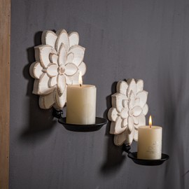 Candle Wall Sconces Set of Two Farmhouse, Handcarved Wall Candle Holders Decorative, Flower Pattern Wall Candle Sconce Wood, Distressed Finish Rustic Candle Holder Wall Decor for Living Room, Hallway