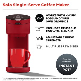 Instant Solo Single Serve Coffee Maker, From the Makers of Pot, K-Cup Pod Compatible Brewer, Includes Reusable & Bold Setting, Brew 8 to 12oz., 40oz. Water Reservoir, Red