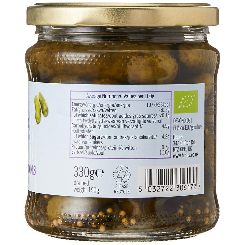 Biona Cornichons with Dill & Mustard Seeds, 330 g
