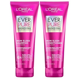 L'Oreal Paris Sulfate Free Iron Sleek Smoothing Shampoo and Conditioner Set, Frizz Control and Humidity-Resistant Formula with Alpha-Acids, Suitable for Color-Treated Hair, EverPure, 13.6 Fl Oz Set