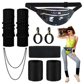 9 Pieces 80s 90s Accessories, 80s Clothing Women's Sporty Accessories with Bum Bag, Hair Band, Wristbands, Leg Warmers, Earrings, Necklace, 90s Outfit Women's Set for Carnival