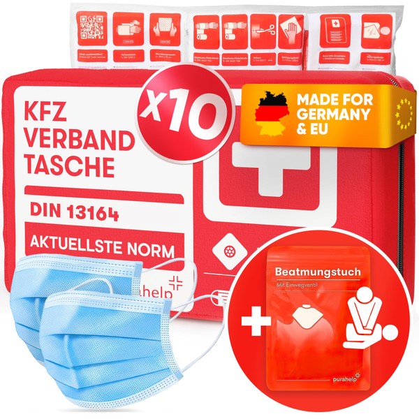 PURAHELP 10 x Car First Aid Bags According to Current Standard 2023/2024 DIN 13164:2022 (German Road Traffic Regulations Compliant) - Includes Ventilation Cloth - First Aid Kit Car 2024 for TÜV Tested