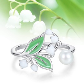 VIKI LYNN 925 Sterling Silver Flower Lily of the Valley Ring Necklace Jewelry Set for Women, 925 Sterling Silver with 18K White Gold Plated Shell Pearl