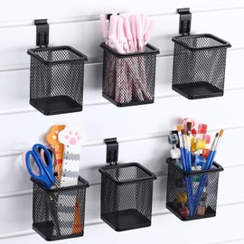 Colingmill 6 Set Slatwall Cups with Hook Black Metal Slatwall Organizer Accessories Slat Wall Basket Bin Pencil Mesh Wire Holder for Organizing Tools Garage Home Workshop Office Desk(Square)