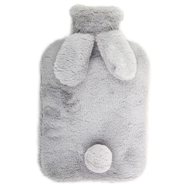 Hot Water Bottle, Hot Water Bottle with Cover, Leak-Proof, 2L Large Hot Water Bottle, Cartoon Rabbit Shape, Odourless PVC Water Bag, Ideal for Pain Relief (Grey)