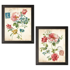 Gango Home Decor Shabby-Chic Elegant Floral I & II Vintage v2 by Danhui Nai (Ready to Hang); Two 11x14in Black Framed Prints