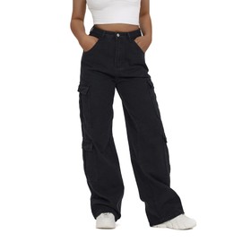 Women's High Waist Cargo Jeans Flap Pocket Baggy Cargo Pants Y2K Wide Leg Denim Jeans Straight Casual Loose Trousers Y2K Streetwear Pants-L Black.