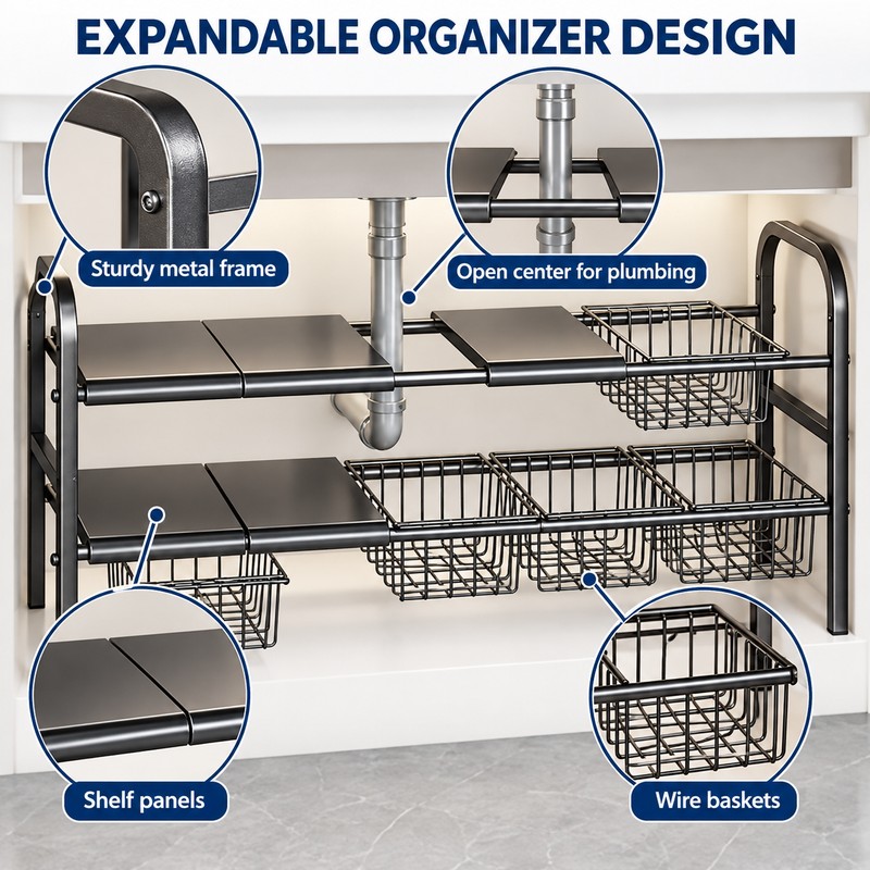 Expandable Under-Sink Organizer for Kitchen & Bathroom – Single-Tier 3-Panel