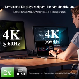 Minthouz USB 3.1/USB C to Dual HDMI Adapter, DisplayLink Dual 4K @ 60Hz HDMI Splitter 2 Monitors Simultaneously for Dell HP Surface Lenovo, Supports Windows and M1/M2/M3/M4 MacBook