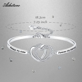 Aihitero Christmas Sister Gift from Sister, Engraved ‘Always My Sister Forever My Friend’ Love Heart Bangle Bracelet, Women Girl Jewelry Birthday Valentines Day Xmas Present from Brother Siblings BFF