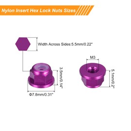 sourcing map Nylon Insert Hex Lock Nuts, 10pcs - M3 x 0.5mm Aluminum Alloy Self-Locking Nut, Anodizing Flange Lock Nut for Fasteners (Purple)