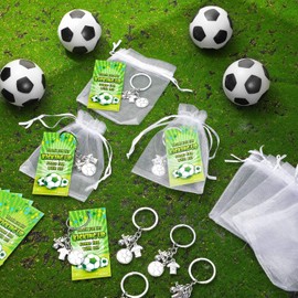 Bucherry 60 piezas de recuerdos de fiesta de fútbol, incluye 20 llaveros de fútbol, 20 bolsas de organza blanca con cordón, 20 etiquetas de agradecimiento para niños y adultos, (estilo elegante)