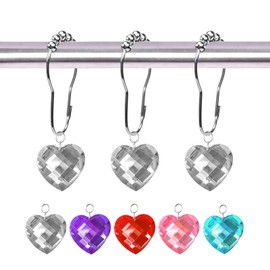 Decorative Crystal Shower Curtain Rings with Rustproof Stainless Steel Hooks,Bling Diamond Rhinestones Hook for Bathroom Decor,Pack of 12,(Heart Rhinestone White)