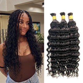 YAOJISUDAJI Boho Knotless Braids Human Hair Micro Braids Extension Hair Deep Curly Human Bulk Hair 22 Inch 1pack (3bundles(300g) Natural Black Color