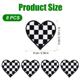 Pack of 8 heart iron-on patches, black and white chequered racing patches, heart patches for iron-on, appliqué for jackets, jeans, denim shirts, hats, bags, 6.1 x 6 cm