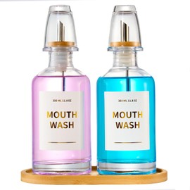 Glass Mouthwash Dispenser for Bathroom, 11.8oz Mouthwash Decanter Bottle with Stianless Steel Spouts, Mouthwash Containeer with Bamboo Holder, Refillable Cups, Reusable Funnel, Golden Stickers