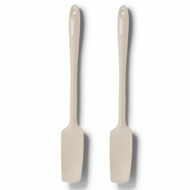 2-Pack Silicone Small Jar Spatulas with Long Handle, Upgraded Heat Resistant Spatula for Non Stick Cookware, Seamless Design, Stainless Steel Core, BPA Free Spoonula, Khaki
