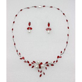 Faship Gorgeous Red CZ Crystal Mother of Pearls Floral Necklace Earrings Set - Red
