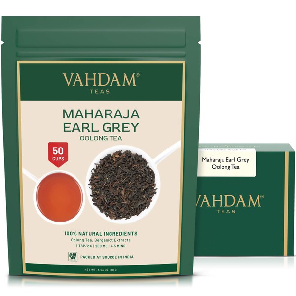 Maharaja Earl Grey Oolong Tea Leaves (50 Cups), 100% Natural Italian Oil of Bergamot blended with High Mountain Oolong Tea Leaves from the Himalayas, Delicate & Delicious, Loose Teas,3.53oz