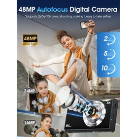 Digital Camera,Autofocus 4K Vlogging Camera for Photography with 32GB Card,48MP Portable Compact Point and Shoot Digital Camera for Teens Adult Beginner with 16X Zoom,Anti-Shake,2 Batteries(Black)