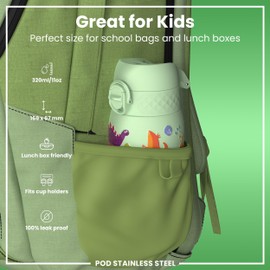 Ion8 Vacuum Insulated Steel Water Bottle, 320 ml/11 oz, Leak Proof, Easy to Open, Secure Lock, Dishwasher Safe, Carry Handle, Metal Water Bottle, ThermoShield Stainless Steel, Green, Dinosaurs