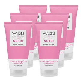 VANDINI 6x NUTRI Handcreme Damen 75 ml mit Pfingstrosenblüte & Arganöl - Handcreme für trockene Haut - vegan, ohne Parabene & Silikone, dermatologisch bestätigt, Made in Germany