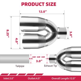 Dual Exhaust Tip 3 Inch Inlet 4" Dual Outlet 12" Overall Length Polished Stainless Weld-On Duo Layer Angle Exhaust Tailpipe Tips for Car Truck (Right)