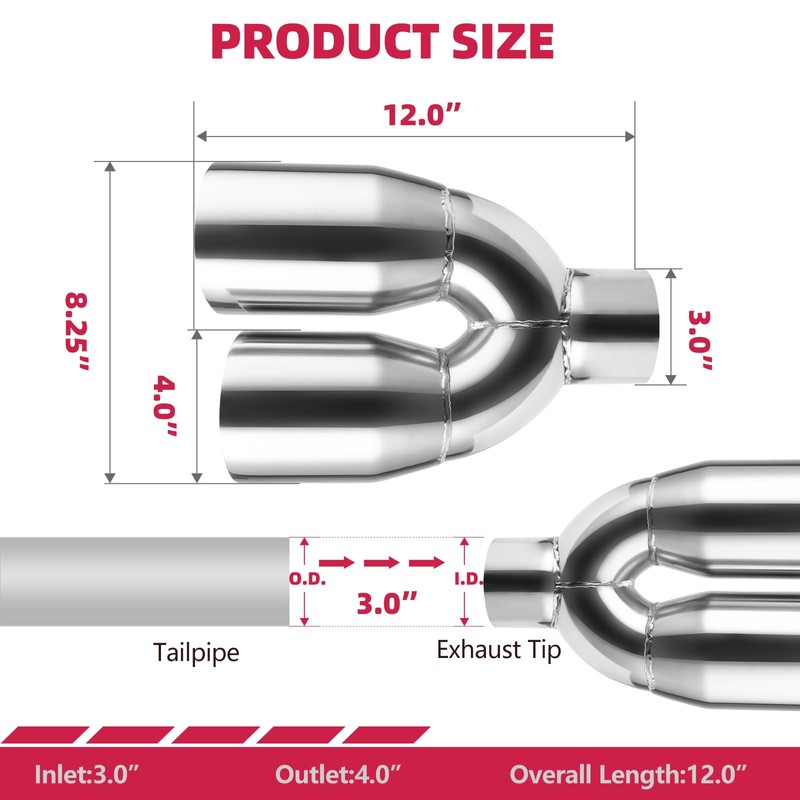 Dual Exhaust Tip 3 Inch Inlet 4" Dual Outlet 12"