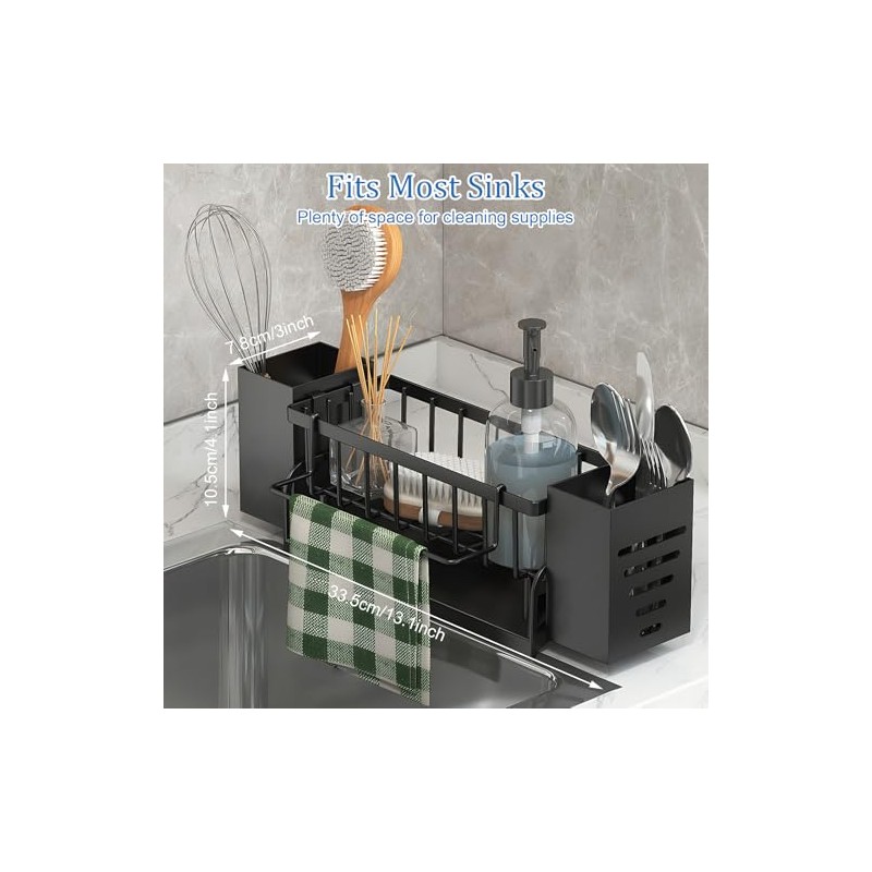 Sink Organiser Black with Towel Holder, Kitchen Organiser Sink with