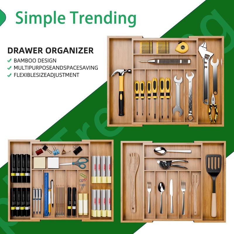 Simple Trending Bamboo Kitchen Drawer Organizer, Expandable Silverware Organizer, Utensil