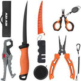 NEW VIEW Fishing Tool Kit - Fishing Pliers, Fillet Knife, Fishing Braid Scissors, Lip Clip, Sharpener, Fish Ruler, Coiled Lanyard, Tool Retractor, Storage Bag, Professional Accessories for Anglers