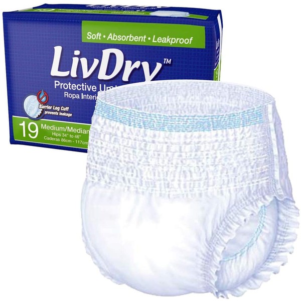LivDry Adult Incontinence Underwear, Extra Comfort Absorbency, Leak Protection, Medium, 19-Pack