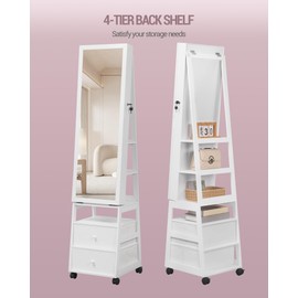 Hzuaneri Jewelry Organizer Cabinet Standing for Women, Lockable Full Length Mirror Cabinet with 2 Drawers, 360° Swivel Jewellery Armoire with Lights on Wheels, Storage Shelves, White JC37503B