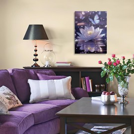 Framed Zen Meditation Serene Purple Lotus Flower Floral Canvas Wall Art, Spiritual Bathroom Butterfly Waterfall Room Decor, Relaxing Flower of Life Pictures Artwork Ready to Hang (12"x16")