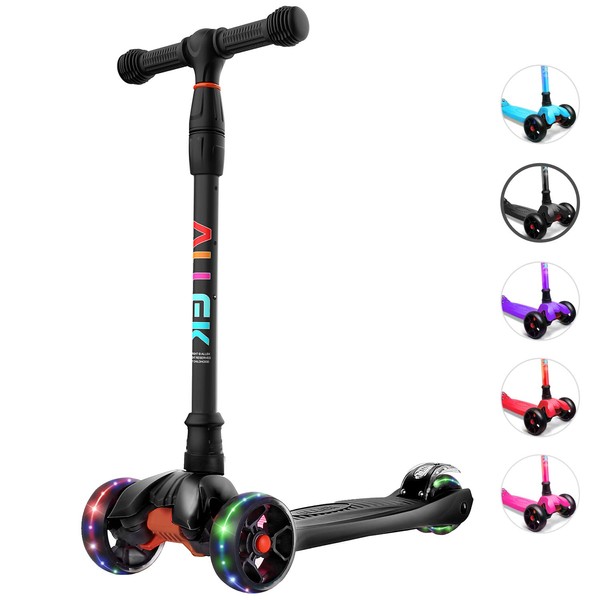 Allek Kick Scooter B02, Lean 'N Glide Scooter with Extra Wide PU Light-Up Wheels and 4 Adjustable Heights for Children from 3-12yrs (Black)