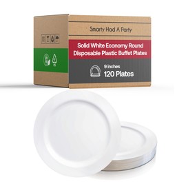 Smarty Had A Party 120 Solid White 9" Round Disposable Plastic Buffet Plates Heavy Duty Plastic Plates for Party Wedding and Everyday Use