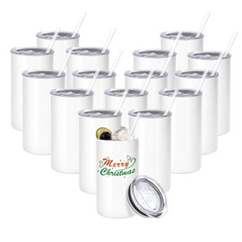 YOUKE OLA 16 Pack Sublimation Tumblers Blanks Bulk Sublimation Cups Skinny Straight Tumbler Stainless Steel Double Wall Insulated Sublimation Water Bottles with Lid & Straw for DIY Gift, 12oz White