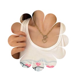 Allereya Boho Love Heart Choker Necklace Gold Paper Clip Necklace Heart Toggle Necklace Open Circle T Bar Necklaces Chain Jewelry for Women and Girls (Gold)