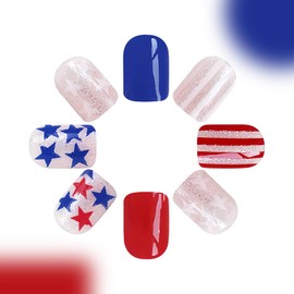Independence Day Fake Nails Short Press on Nails Red White Line & Star Design Acrylic Nails Full Cover Square False Nails Glossy Stick on Nails for Women Girls 4th of July Parade Manicure 24Pcs