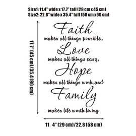 Faith Makes All Things Possible, Love Makes All Things Easy, Hope Makes All Things Work, and Famiy Makes Life Worth Home Quote Sticker Decals Transfer Removable Words Lettering (Size1: 11.4" x 17.7")