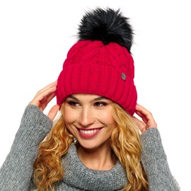 ELIMELI® Winter Hat Women's Hat with Fur Bobble Fleece Lining - Warm Women's Bobble Hat Knitted Hat - Winter Hat with Faux Fur Bobble - Slouch Knitted Beanie Made in EU, red, Einheitsgröße