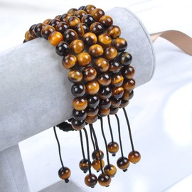 MASSIVE BEADS Natural Healing Power Gemstone Crystal Beads Unisex Adjustable Macrame Bracelets 6mm (Tiger Eye, 6mm)