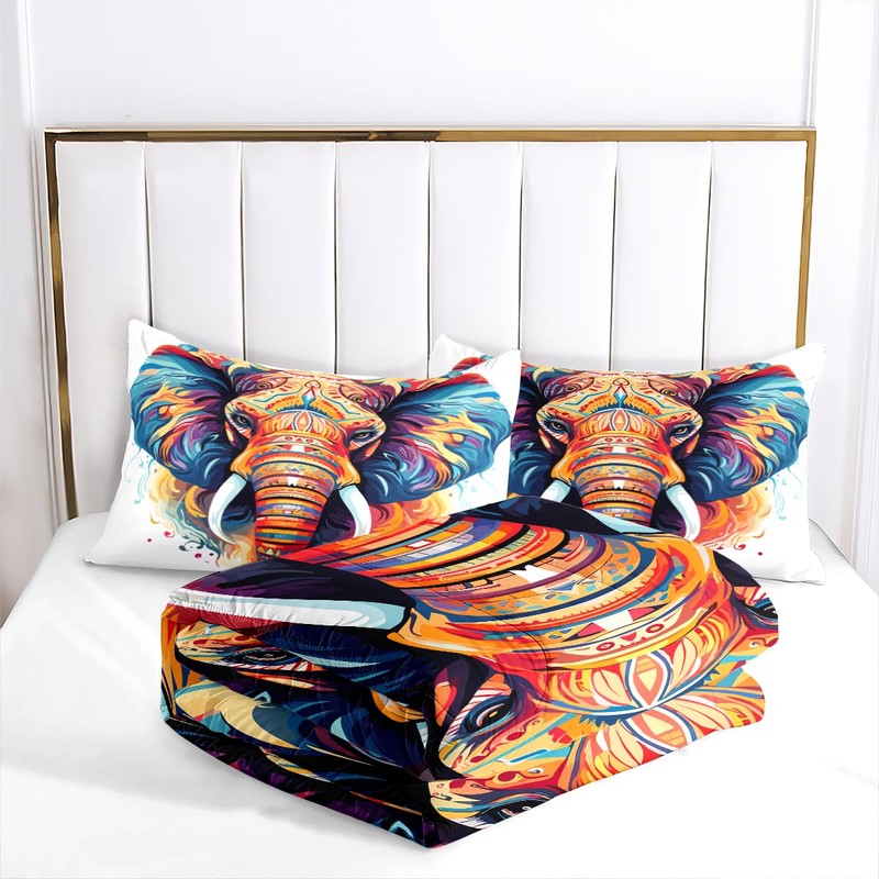 AUCOOMA Hand Painted Elephant Print Comforter Set Queen,Comforter with 2