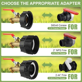 275-330 Gallon IBC Tote Hose Adapter, 3/4" Male NPT Inlet ×3/4" Male GHT Threaded (Red Handle, Lead-Free Brass faucet), 3-Size IBC Tote Adapter, Includes 2.44" Fine, 2" Fine, and 2" Coarse Thread